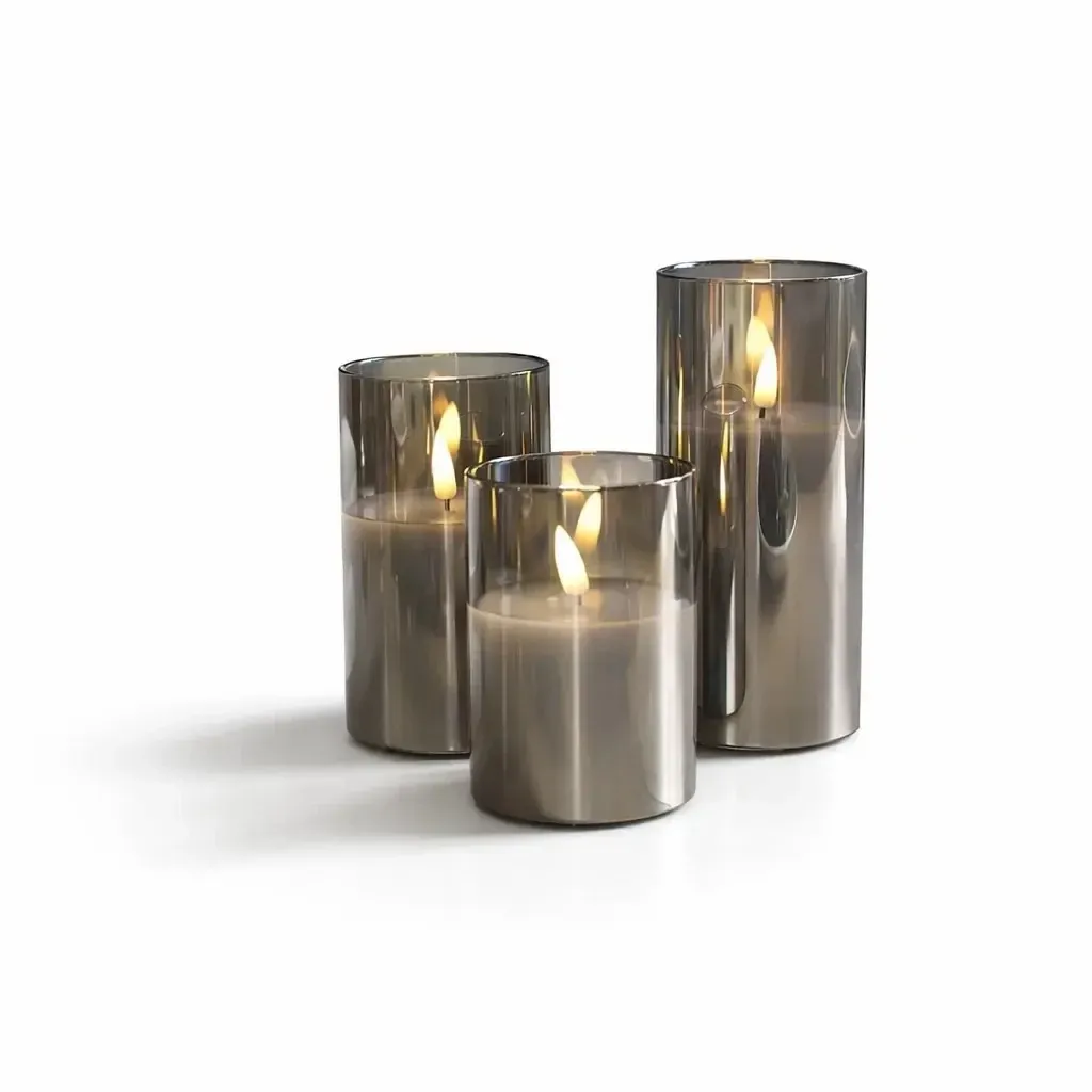 Set of 3 LED candles in glass, gray, Ø 7.5 × 10/12.5/15 cm, with remote control