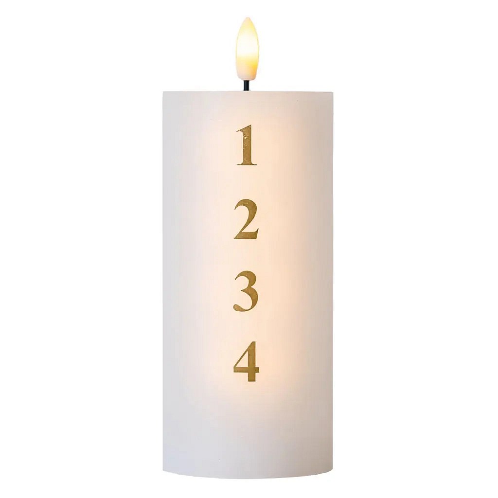 LED battery operated wax candle Sille Advent with numbers, Ø 7 × 15 cm, white/gold