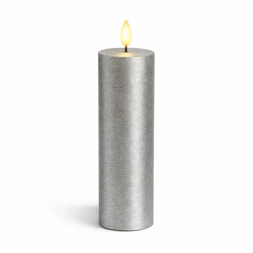 LED battery operated candle, wax Sille, Ø 5 × 25 cm, silver, 2 × AA