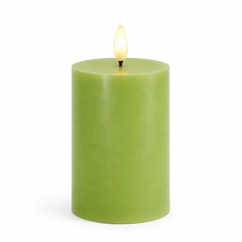 LED battery operated candle, wax Sille, Ø 7,5 × 12,5 cm, apple green, 2× AA