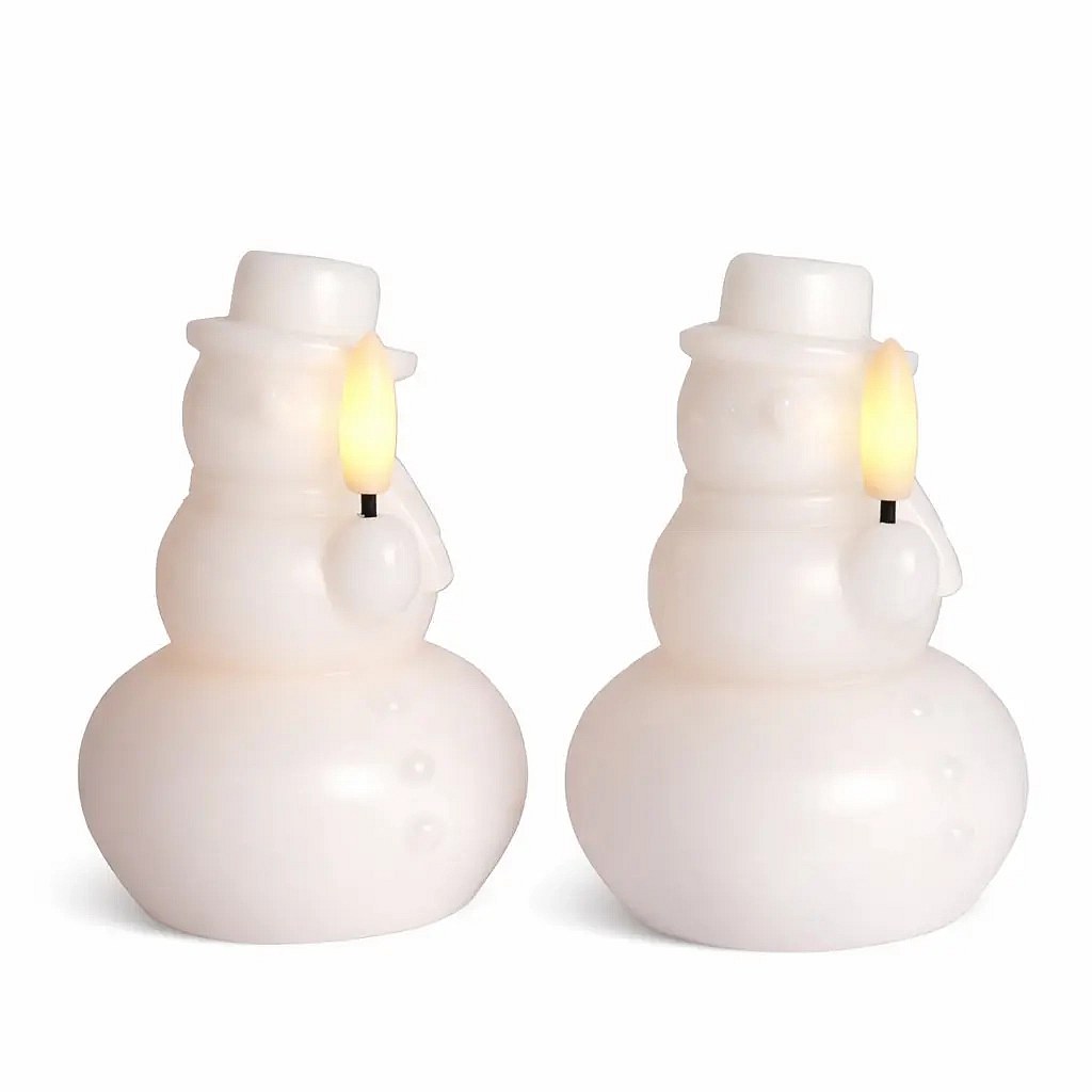 Battery-powered LED candle made of real wax, snowman, white, set of 2, ø 7 × 10 cm, CR2032