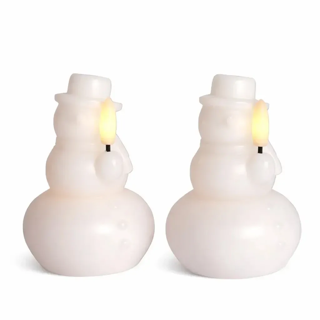Battery-powered LED candle made of real wax, snowman, white, set of 2, ø 7 × 10 cm, CR2032