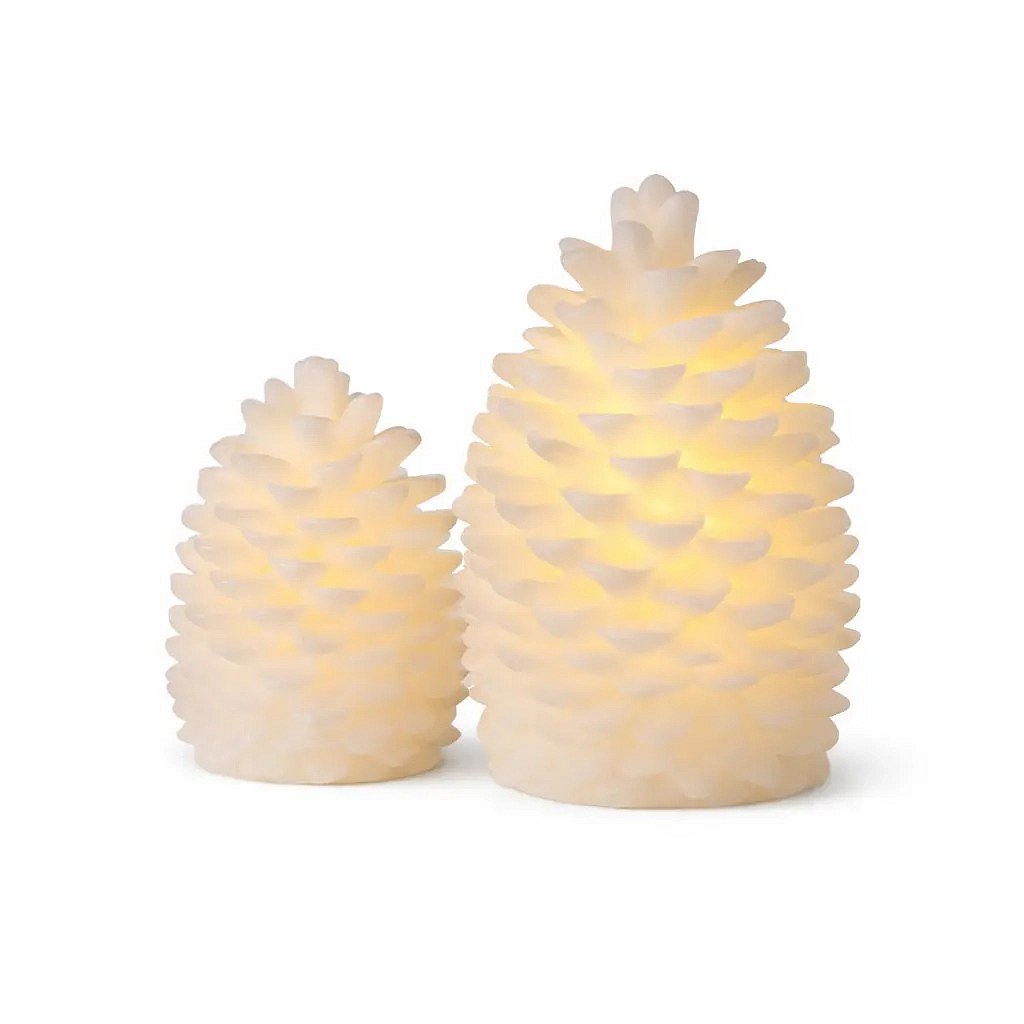 Set of 2 battery-powered LED candles made of real wax, pine cone-shaped, ø10 × 13 cm and ø14 × 18.5 cm, white, CR2032 and AA