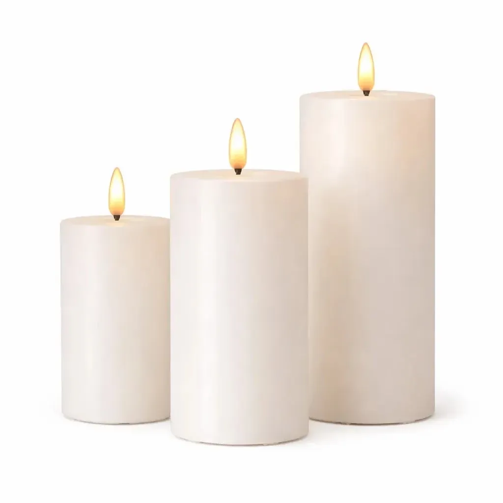 Set of 3 battery-powered LED candles, white, Ø 7.5 × 10/12.5/15 cm, with remote control, 2× AA
