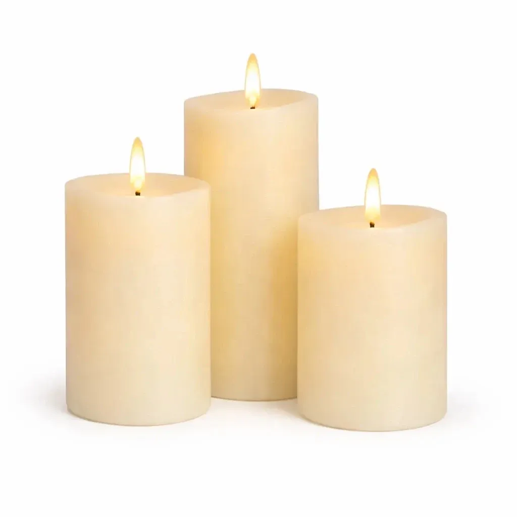 Set of 3 wax LED candles, almond-scented, ø 8 × 10/12.5/15 cm, with remote control, AA