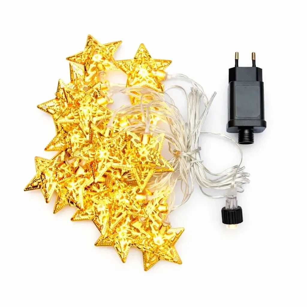 LED string lights, metal stars, 7 m, for indoor use, warm white, 20 LEDs, clear cable, IP20, includes power supply