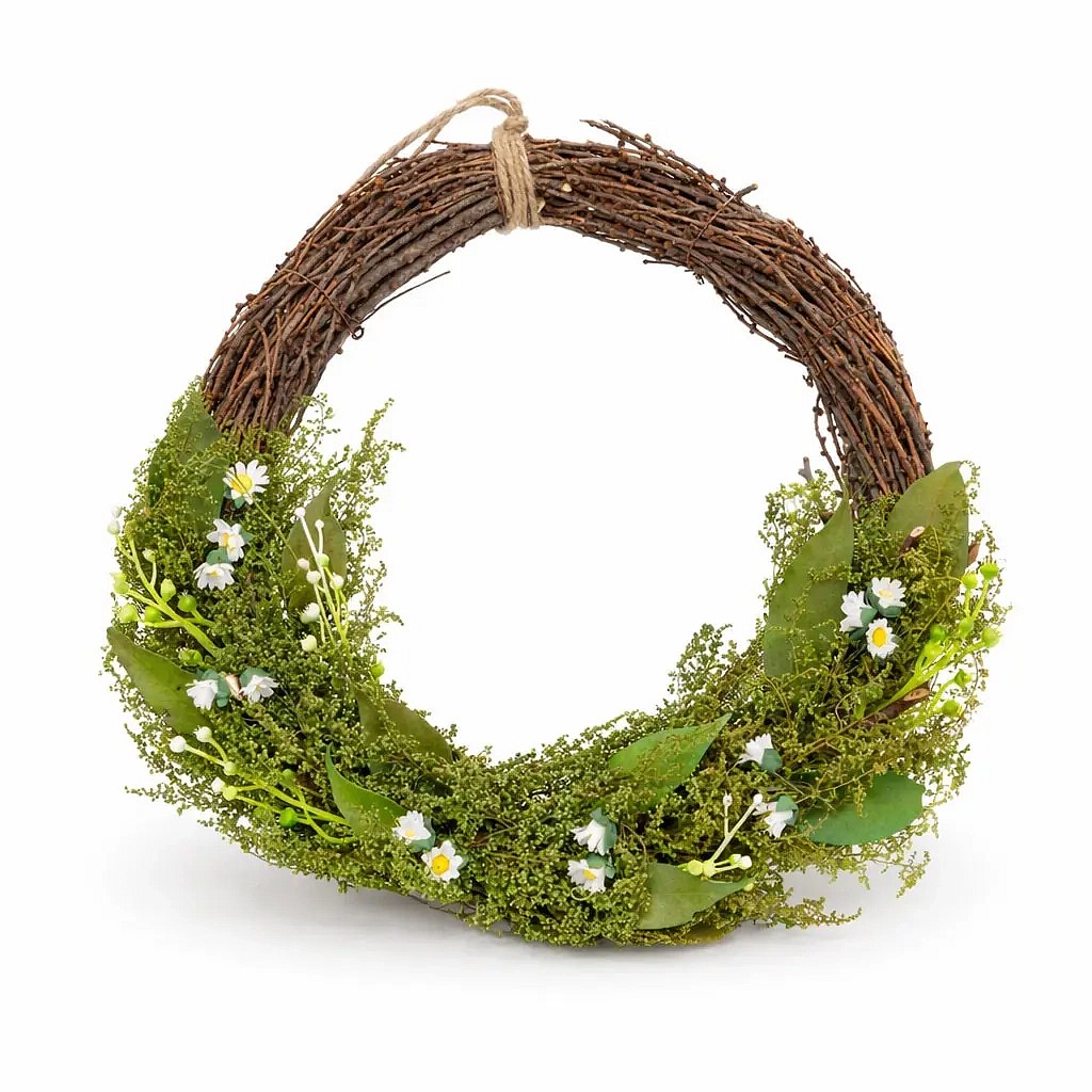 Easter door wreath 34 × 31 × 8 cm, wicker and green twigs with small flowers, plastic, outdoor