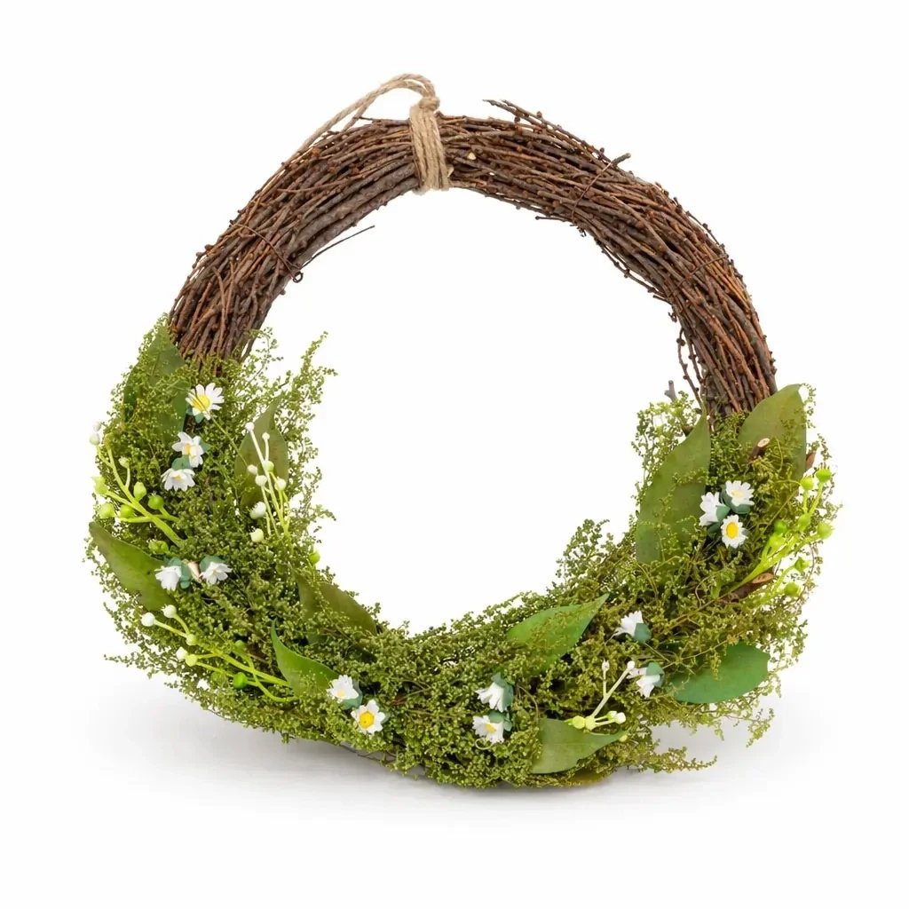 Easter door wreath 34 × 31 × 8 cm, wicker and green twigs with small flowers, plastic, outdoor