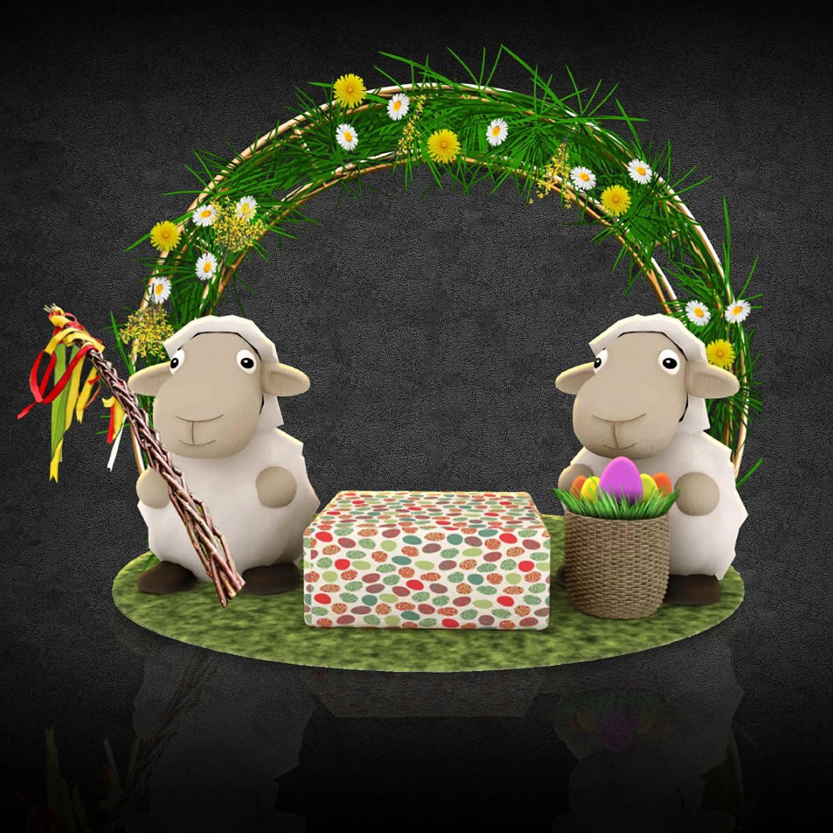 3D gate Easter decoration with lambs 260 cm, interior, non-illuminated