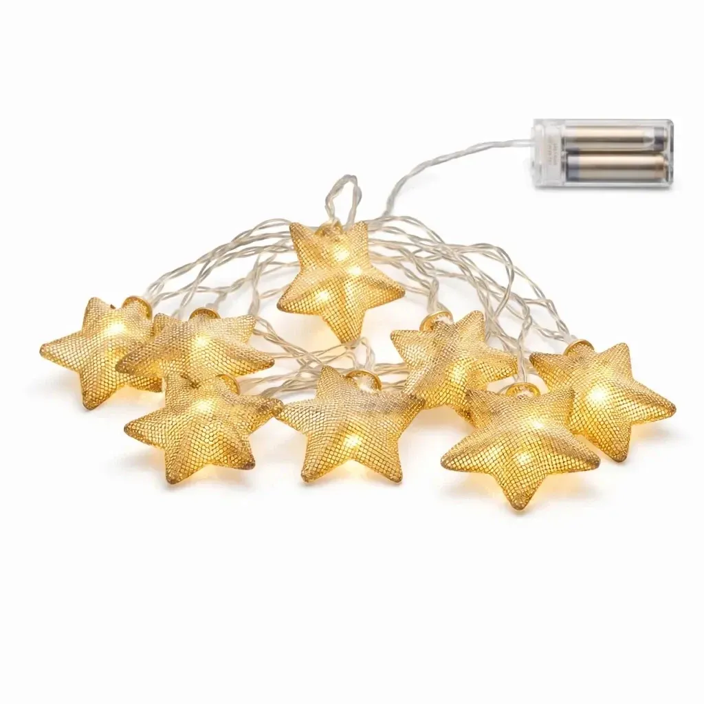 Battery-powered LED lights, metal stars, 1.8 m, 10 warm white LEDs, IP20 indoor use, 2 × AA