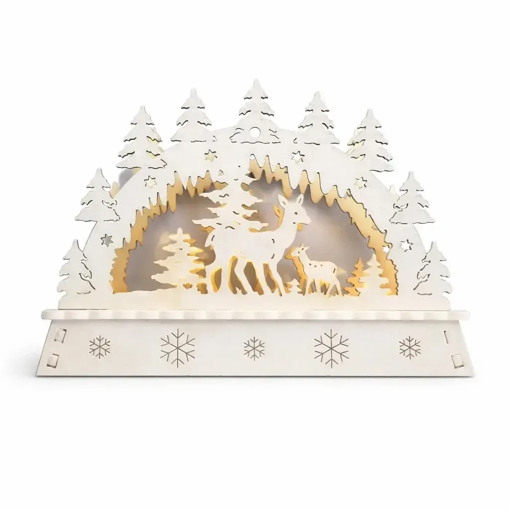 LED Christmas window candle holder, doe and fawn in the forest, wooden, 15 × 11 × 5 cm, warm white, powered by 2 AA batteries
