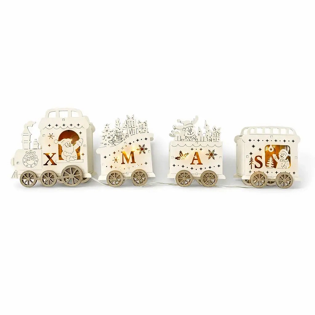 LED wooden train with cars, 39,5 × 7,5 × 13 cm, warm white, 2× AA