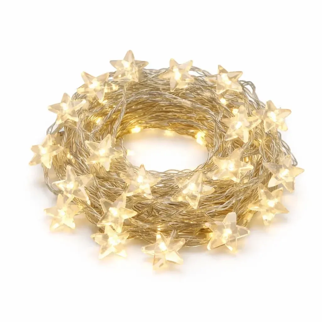 Decorative LED Star String Lights, 10.5 m, Warm White, 70 LEDs, Clear Cable, IP20 Indoor Use, Extension Cord