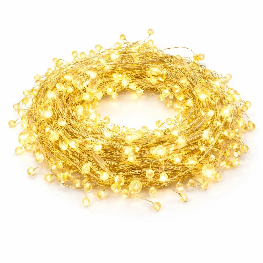 Eco Fix Outdoor LED String Lights, 8 m, with crystals, warm white, 80 LEDs, 24 V, gold cable, IP44, extension cord
