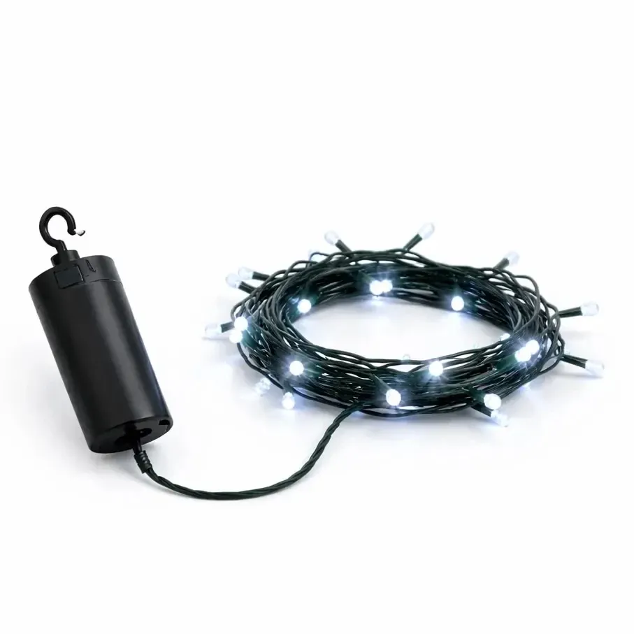 Battery-powered LED string lights, outdoor, 2.2 m, ice white, 20 LEDs, dark green cable, IP44, remote control, 4 × AA