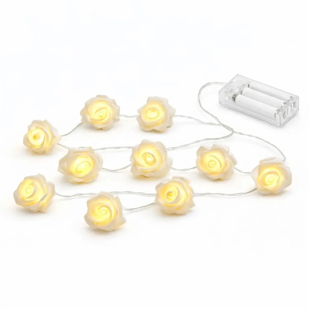 Battery-powered LED string lights, rose-shaped, 1.8 m, warm white, 10 LEDs, clear cord, IP20 indoor use, 2× AA