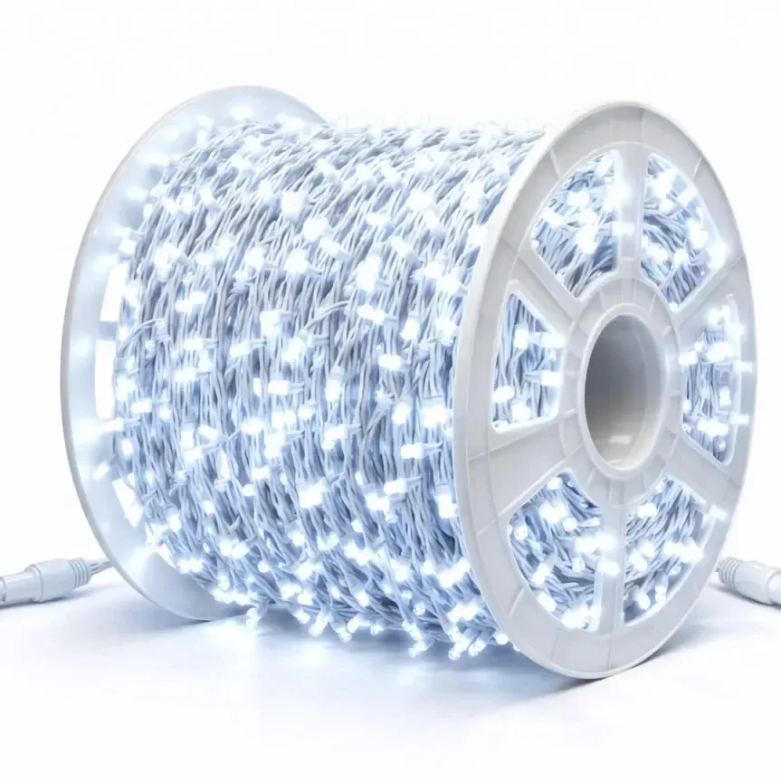 Easy Fix LED String Lights, 100 m, Outdoor, Ice White with FLASH, 1,000 LEDs, White Cable, IP67, Spool