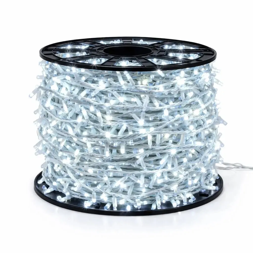 Easy Fix LED String Lights, 100 m, Outdoor, Ice White with FLASH, 2,000 LEDs, White Cable, IP67, Spool