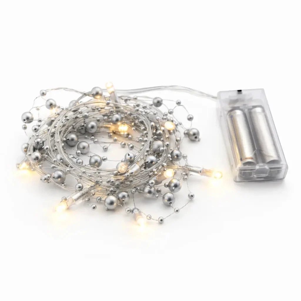 Battery-powered LED string lights, silver pearls, 1.3 m, warm white, 10 LEDs, clear cable, IP20 indoor use, 2 × AA