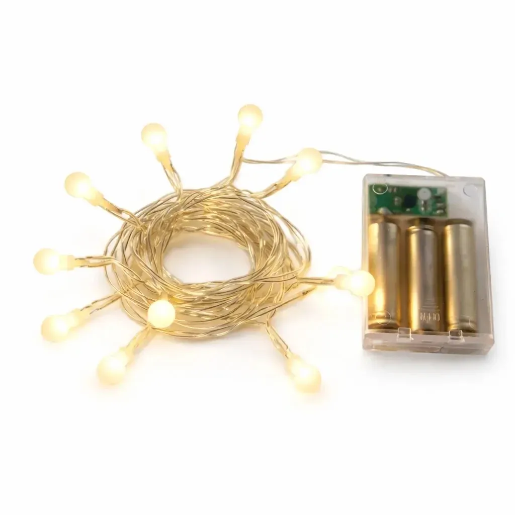 Battery-powered LED string lights, round bulbs, 2.1 m, warm white, 10 LEDs, clear cord, IP20 indoor use, 3 × AA