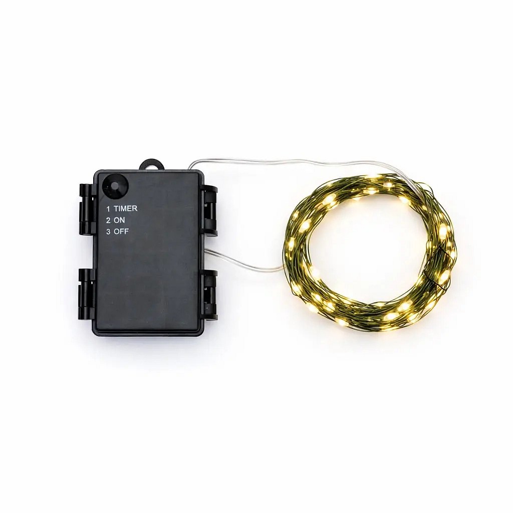 Battery-powered LED string lights, teardrop-shaped, 5.3 m, warm white, 50 LEDs, green wire, IP44, for outdoor use, 3 × AA