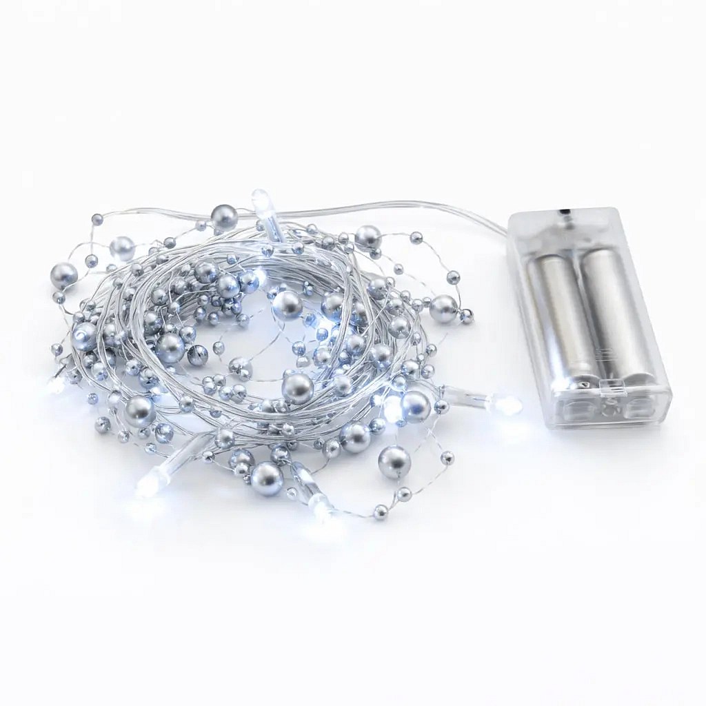 Battery-powered LED string lights, silver pearls, 1.3 m, ice white, 10 LEDs, clear cord, IP20 indoor use, 2 × AA