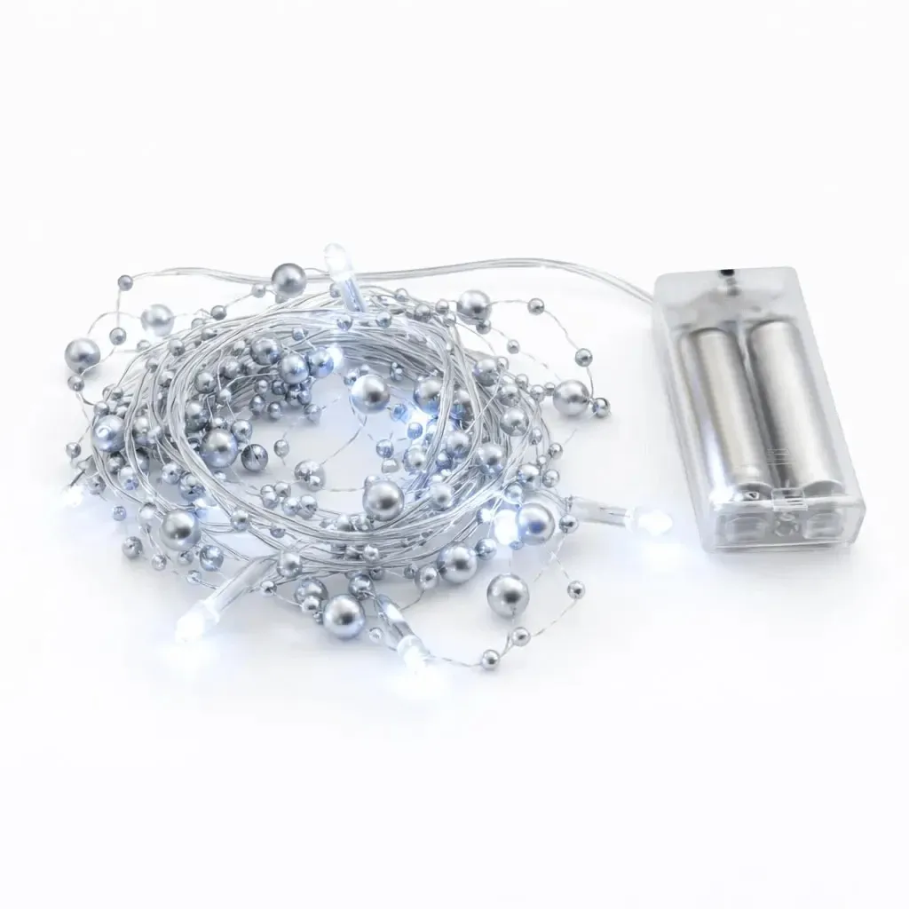 Battery-powered LED string lights, silver pearls, 1.3 m, ice white, 10 LEDs, clear cord, IP20 indoor use, 2 × AA