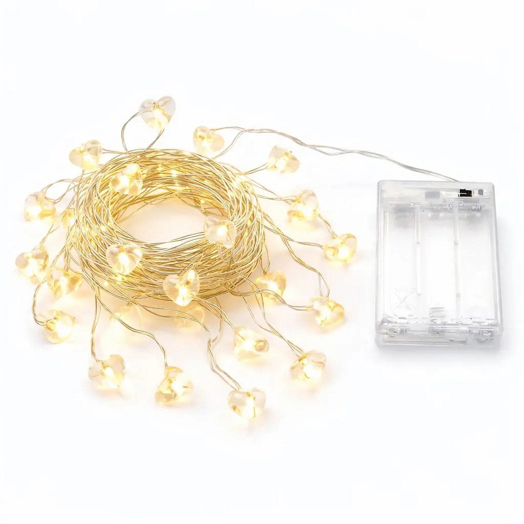 Battery-powered LED string lights, hearts, 2.3 m, warm white, 20 LEDs, clear cord, IP20 indoor use, 3 × AA