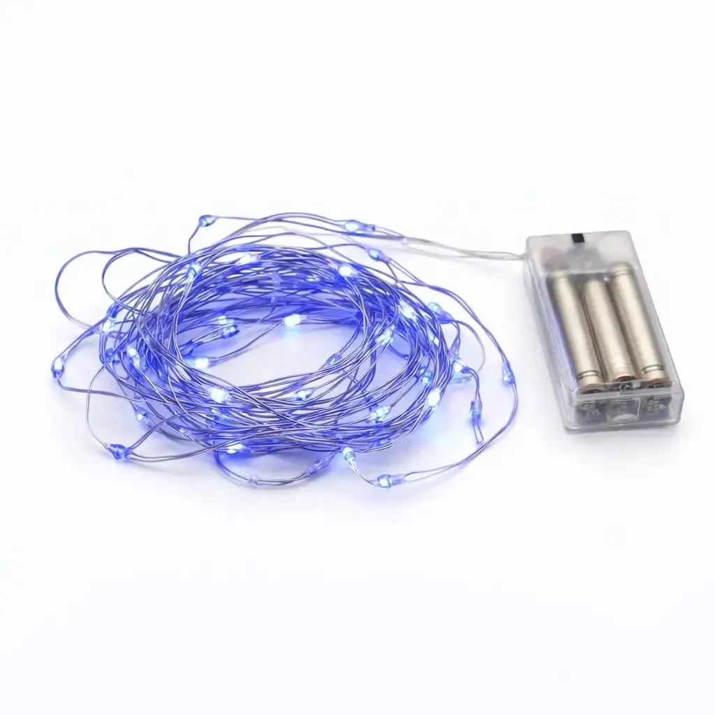 Battery-powered LED string lights, teardrop-shaped, 2.30 m, blue, 20 LEDs, wire, IP20 indoor use, 3 × AA