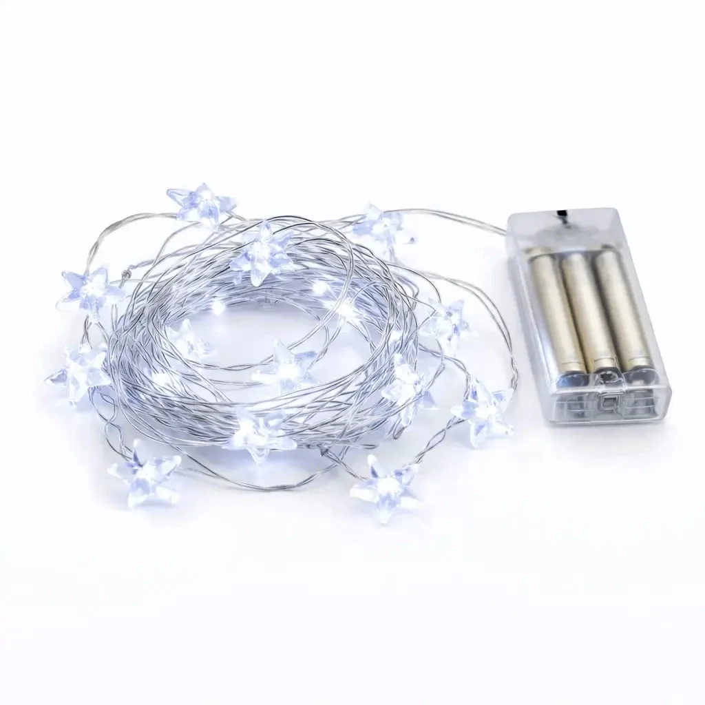 Battery-powered LED string lights, stars, 2.3 m, ice white, 20 LEDs, wire, IP20 indoor use, 3× AA