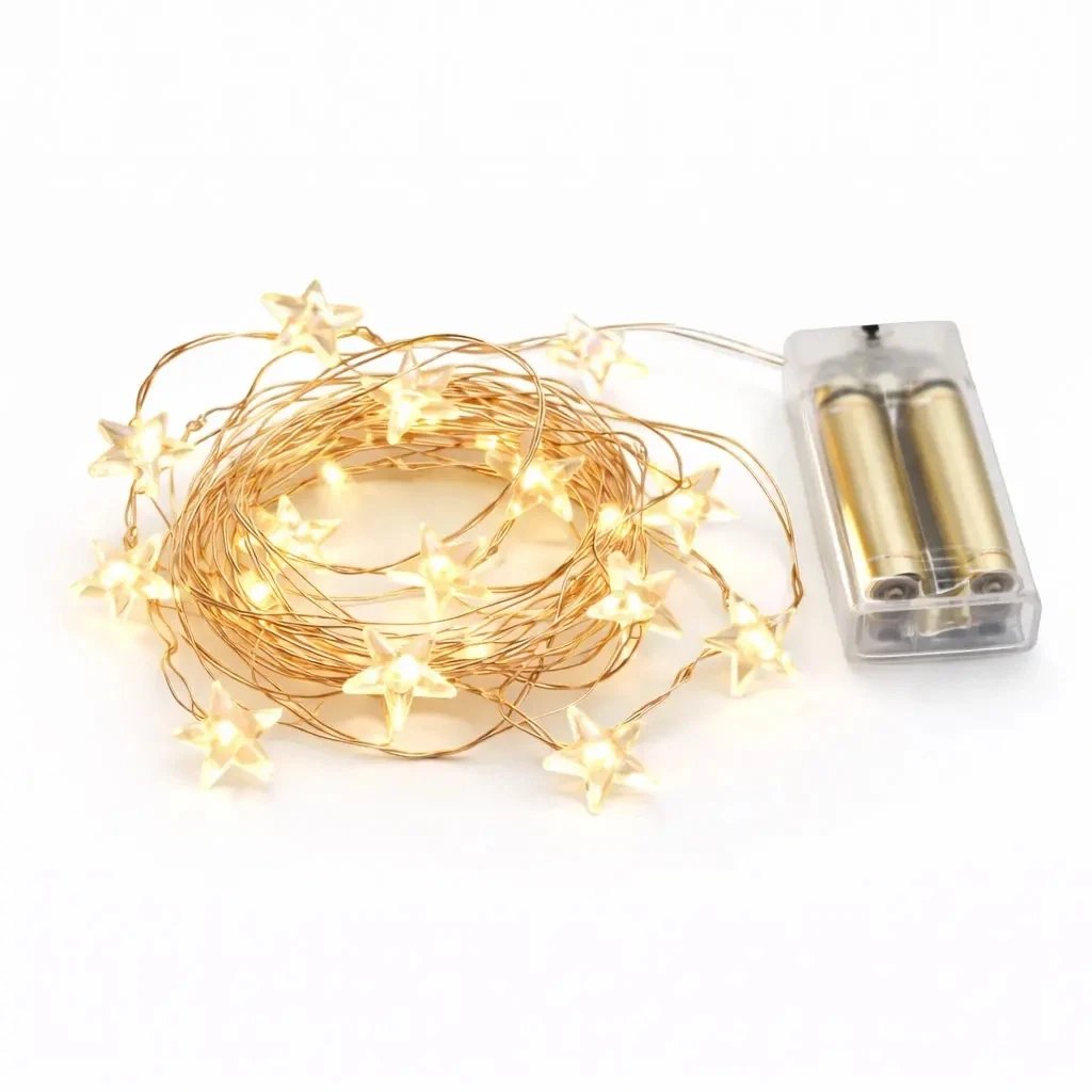 Battery-powered LED string lights, stars, 3.4 m, warm white, 40 LEDs, copper-colored wire, IP20 indoor use, 3 × AA