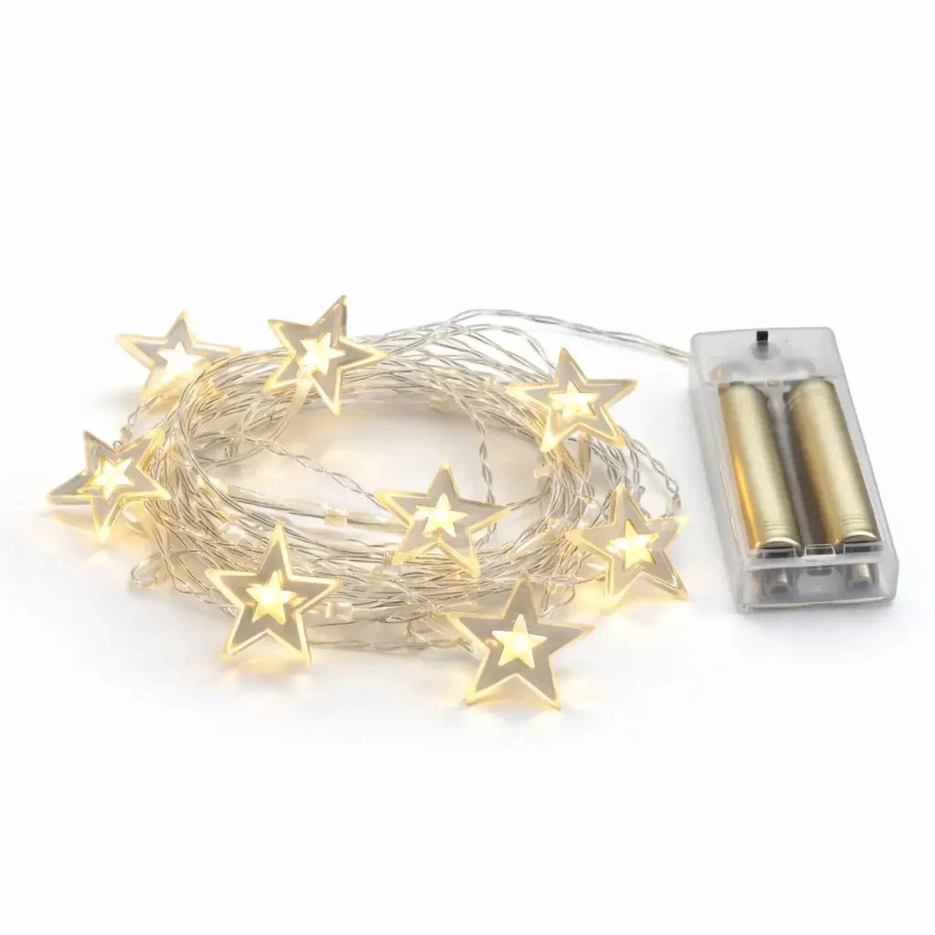 Battery-powered LED string lights, acrylic stars, 1.5 m, warm white, 10 LEDs, clear cable, IP20 indoor use, 2× AA