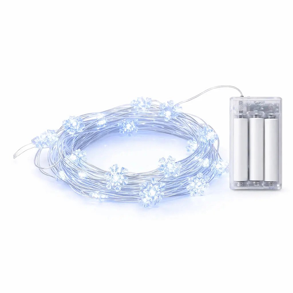 Battery-powered LED string lights, snowflake design, 2.3 m, ice white, 20 LEDs, clear cable, IP20 indoor use, 3 × AA