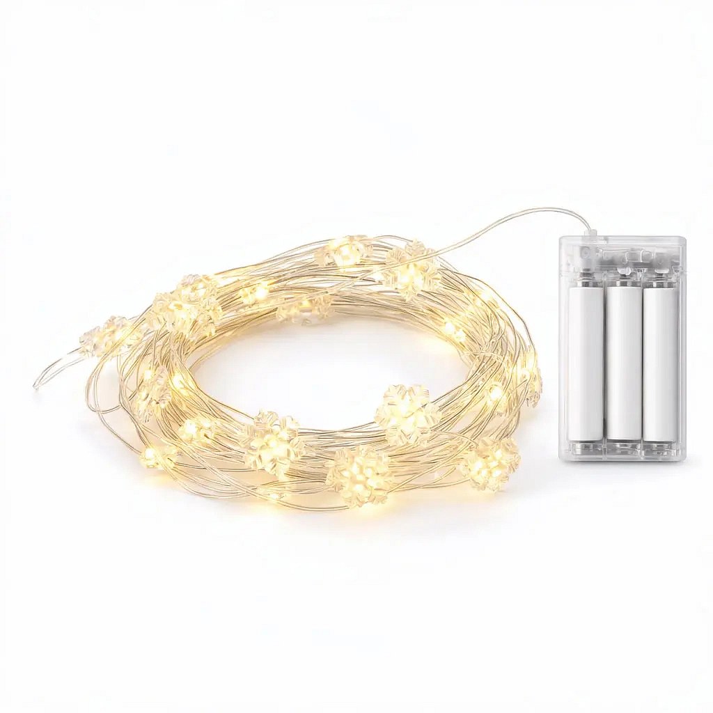 Battery-powered LED string lights, snowflake design, 2.3 m, warm white, 20 LEDs, wire, IP20 indoor use, 2 × AA
