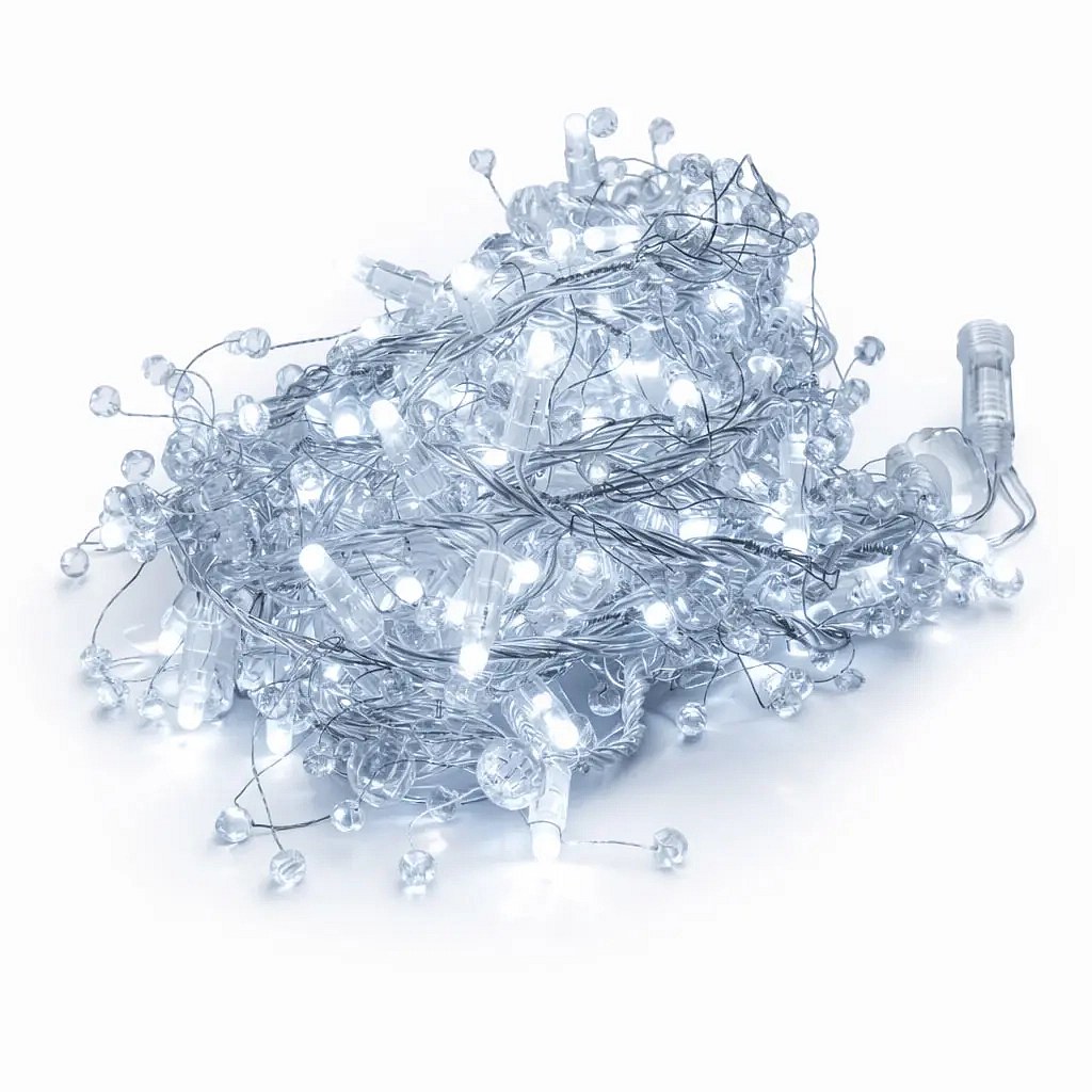 Eco Fix LED String Lights, Outdoor with Crystals, Ice White with FLASH, 8 m, 80 LEDs, Clear Cable, IP44, 24V