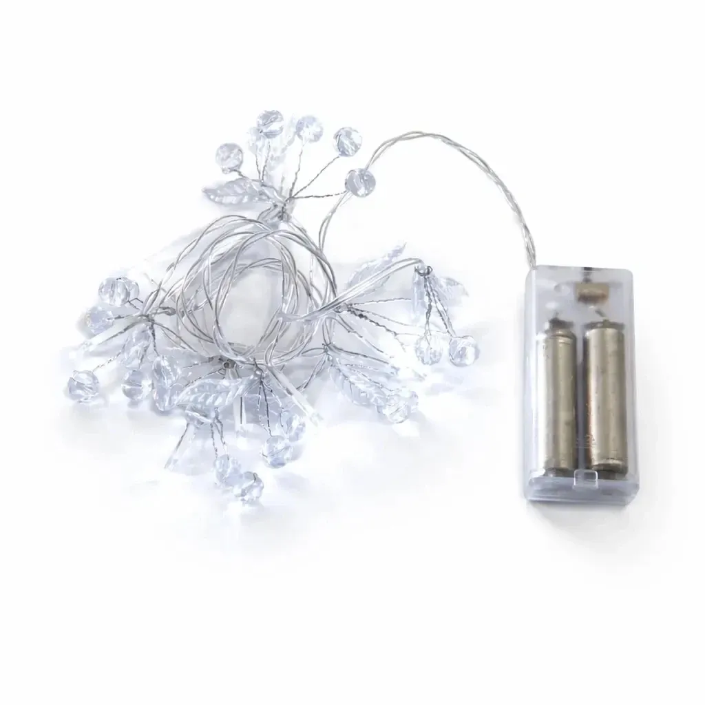 Battery-powered LED string lights, crystals, 1.3 m, ice white, 10 LEDs, clear cable, IP20 indoor use, 2 × AA