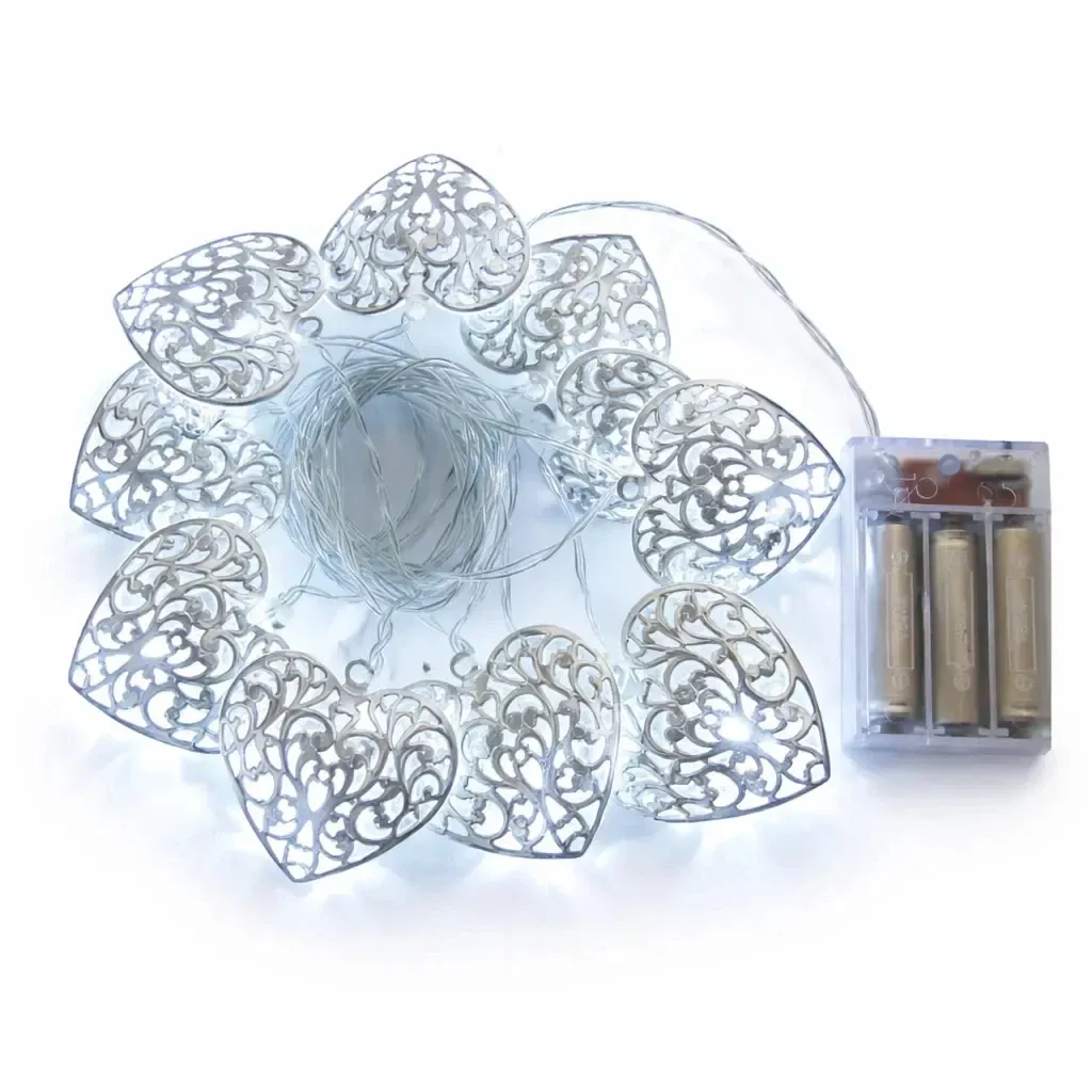 Battery-powered LED string lights, 2.5 m, metal hearts, vintage, ice white, 10 LEDs, clear cord, IP20, 2× AA