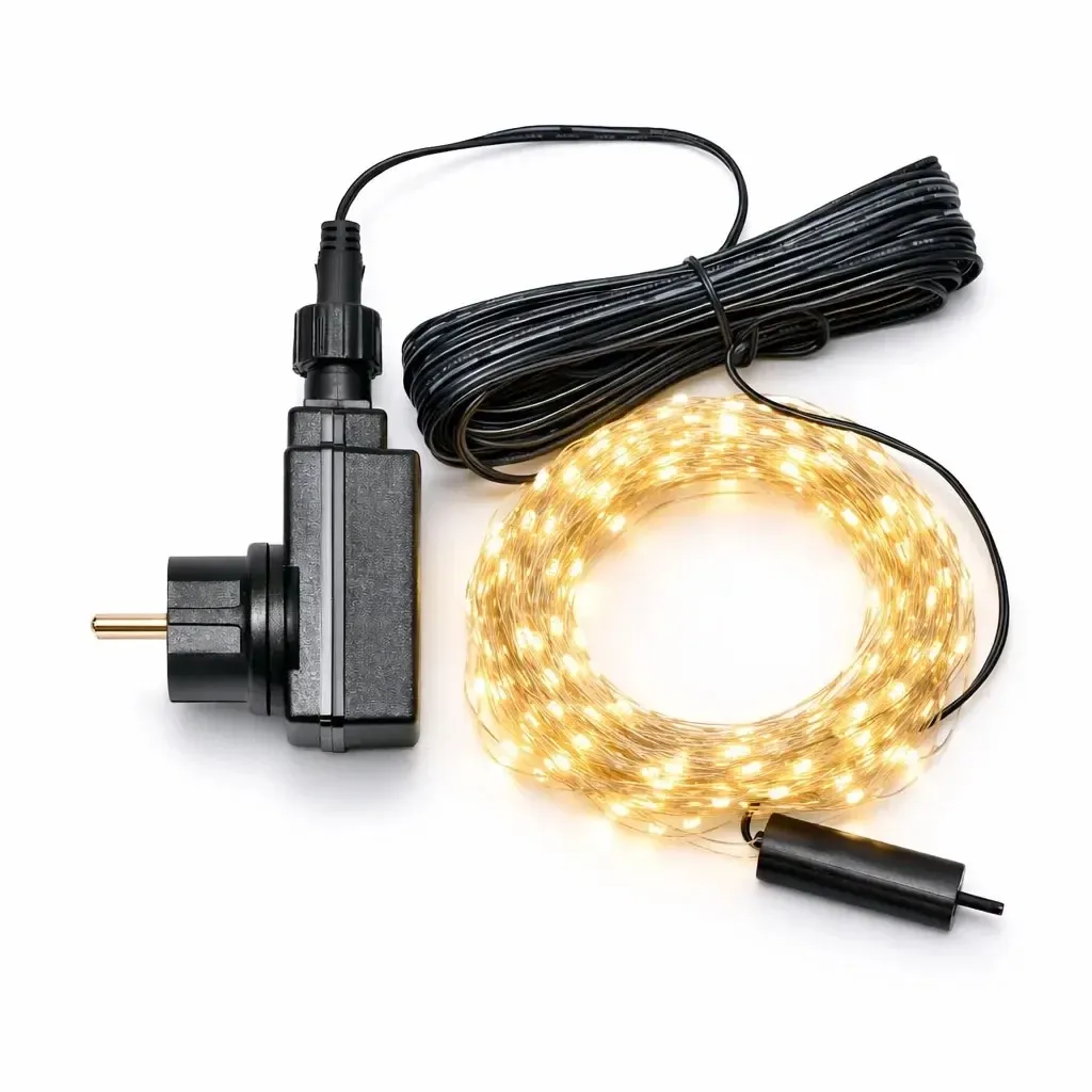 LED string lights, teardrop-shaped, 10 strands × 2 m, warm white, 240 LEDs, silver cable, IP44, power supply included