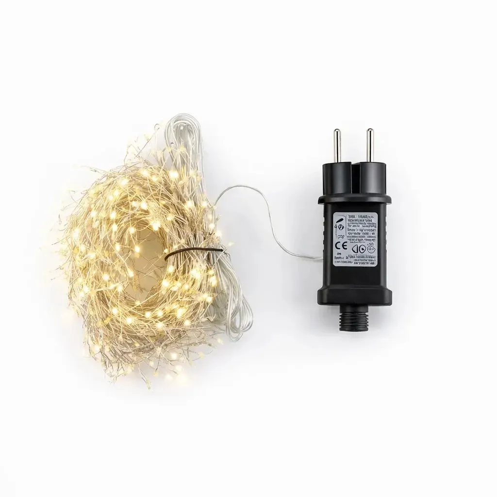 LED string lights, teardrop-shaped lights on a wire, 3 m, outdoor use, warm white, 600 LEDs, silver cable, IP44, power supply included