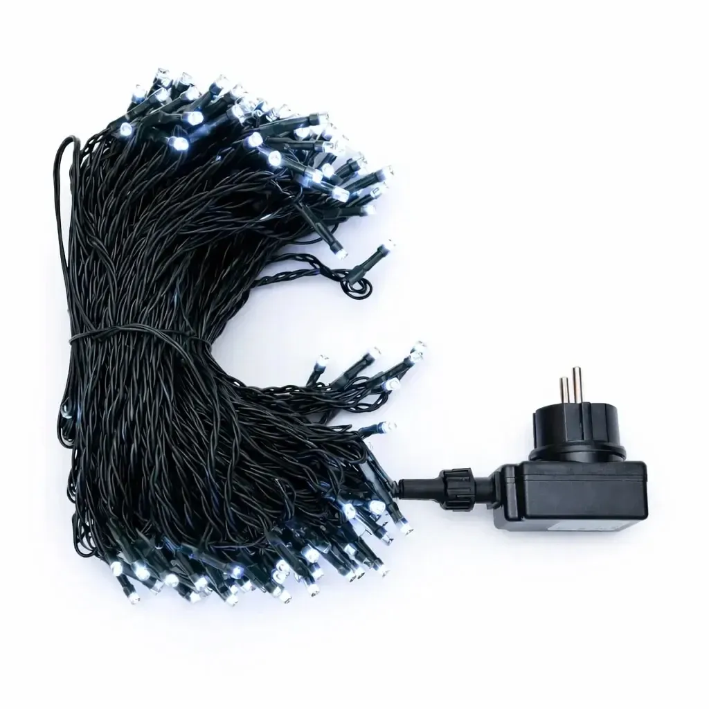LED string lights, outdoor, 40 m, ice white, 200 LEDs, black cable, IP44, power supply included