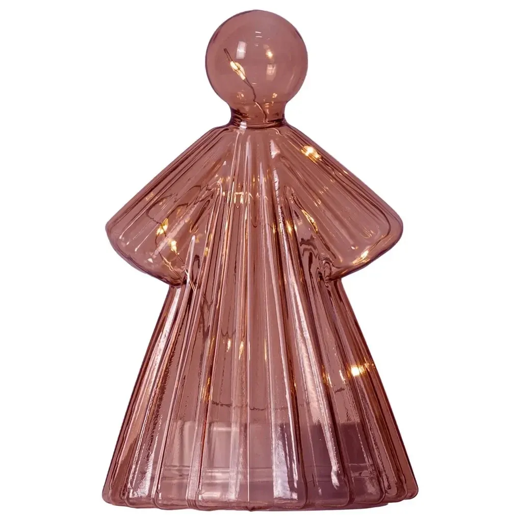 LED illuminated glass angel with torch, burgundy, 15 cm, 1× CR2032