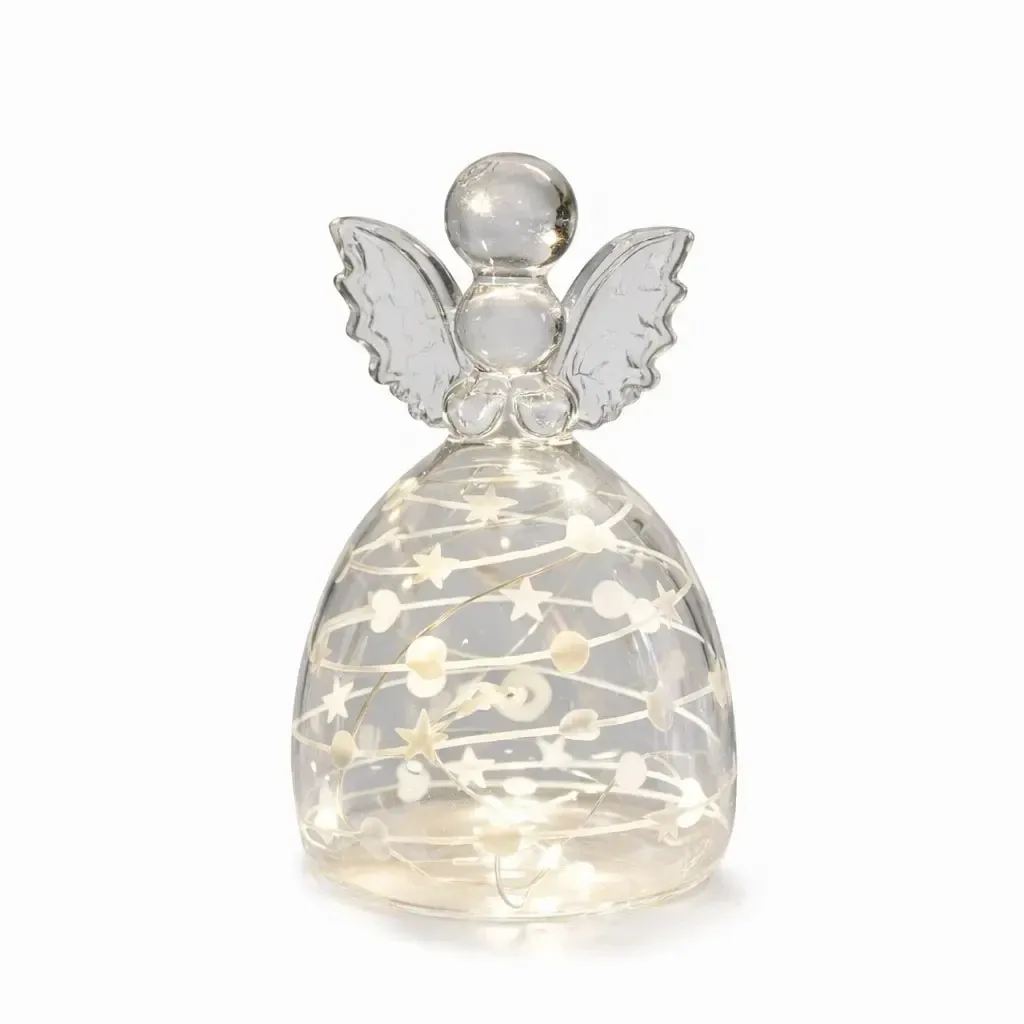 LED illuminated glass angel 13 cm, clear, white decor