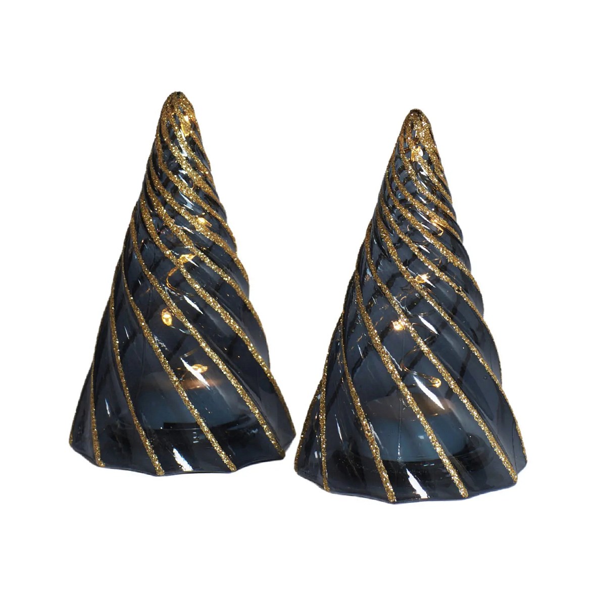 Battery-powered LED Christmas tree, glass, 6 × 11 cm, set of 2, 2 × 5 LEDs, black, 2 × CR2450