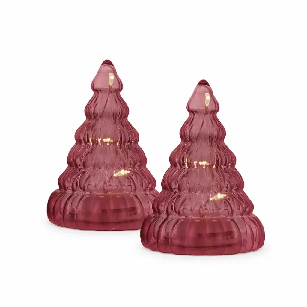LED tree light, glass, set of 2, burgundy, 9 cm