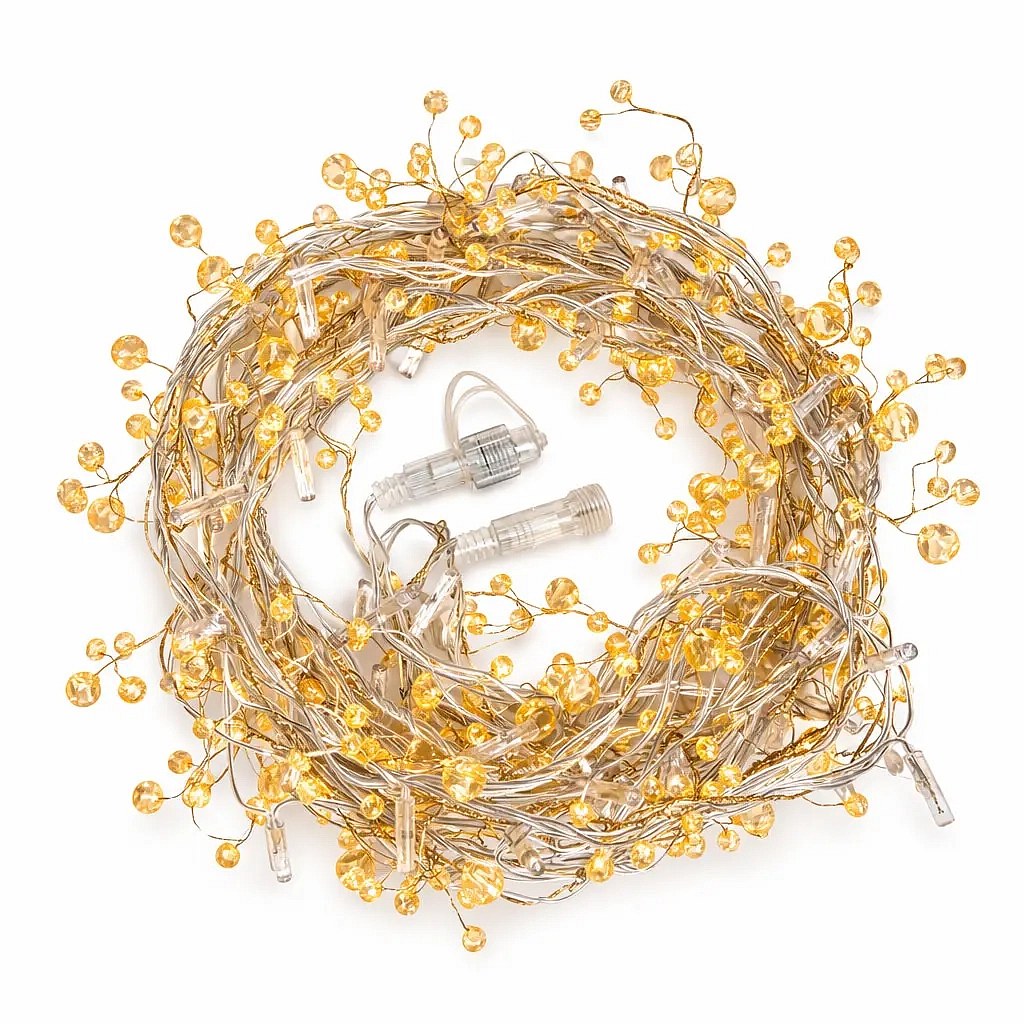 Eco Fix LED outdoor light chain 8 m with crystals, warm white with FLASH, 80 LEDs, clear cable IP44, extension
