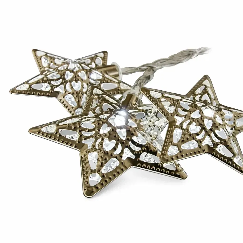 Battery-powered LED string lights, 2.80 m, metal stars, vintage, ice white, 10 LEDs, IP20 Indoor, 2× AA