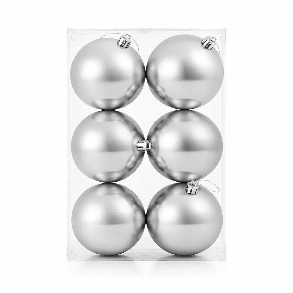 Set of Christmas ornaments silver shiny 10 cm plastic ball, pack of 6