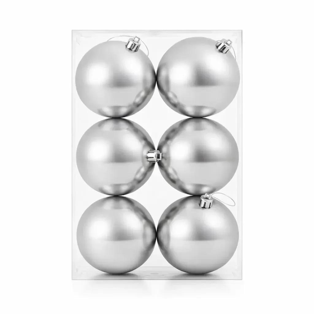 Set of Christmas ornaments silver shiny 10 cm plastic ball, pack of 6