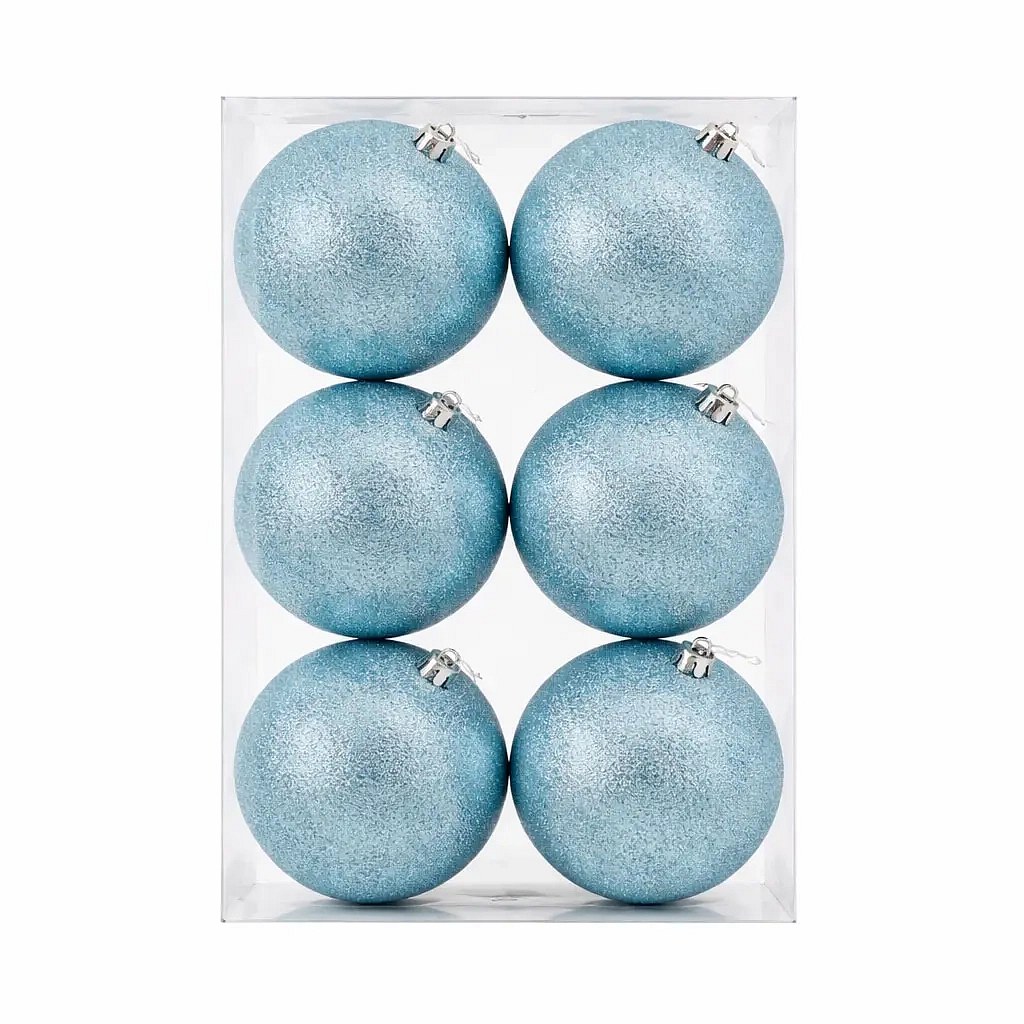 Set of Christmas ornaments light blue glitter 10 cm plastic ball, pack of 6