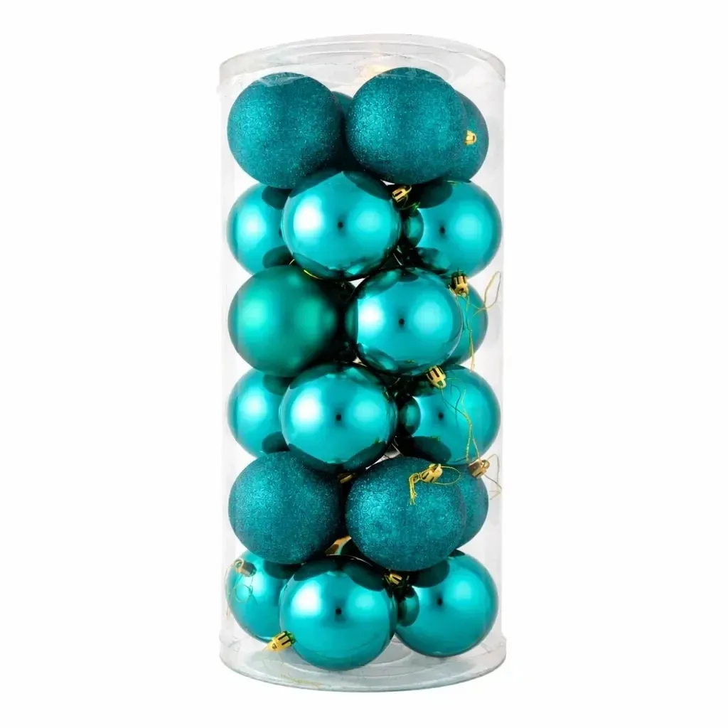 Set of Christmas ornaments peacock green 8 cm plastic balls, 8× matt, 8× glitter, 8× gloss, pack of 24 pcs